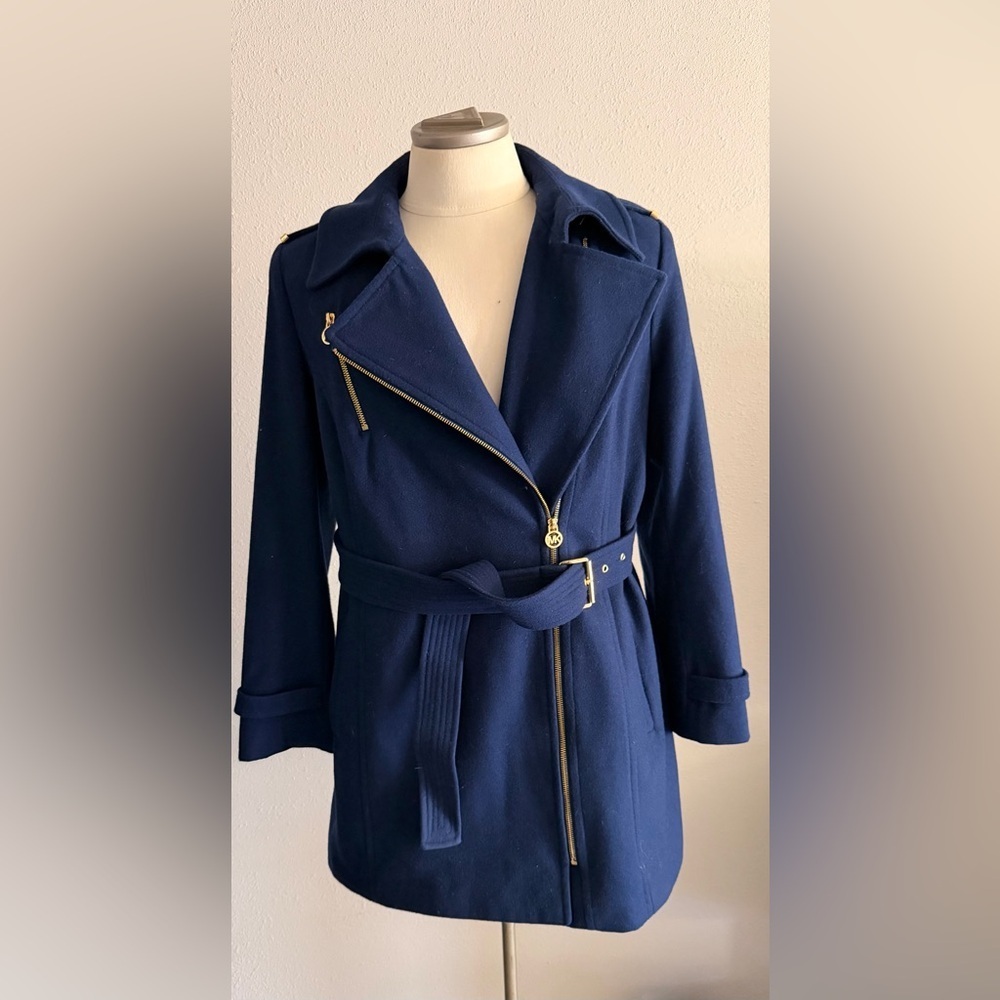 Michael Kors Navy Wool Blend Trench Coat with Gold Accents 16